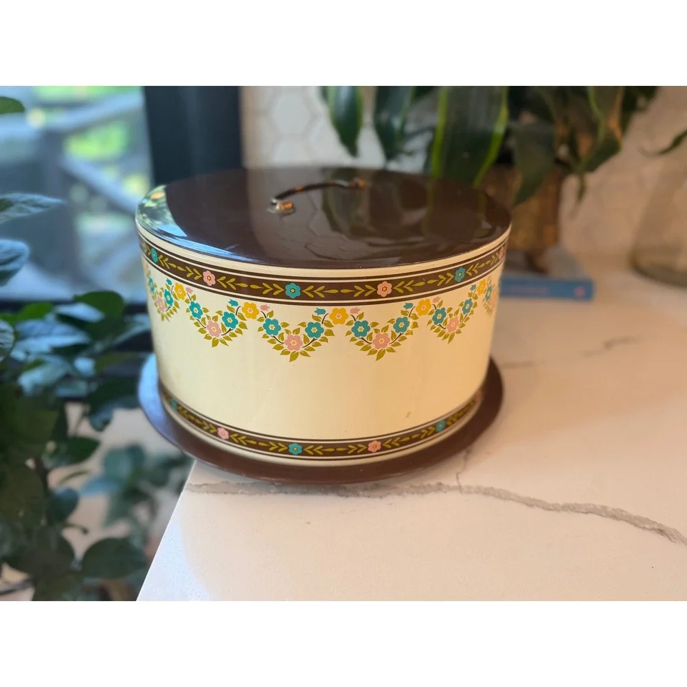 Vintage 1960s Ballonoff Metal Cake Carrier Brown Cream Floral Tin Retro Kitchen